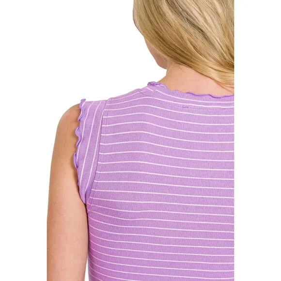 Zenana Ribbed Ruffle Trim Sleeveless Stripe Top - Picture 4 of 4